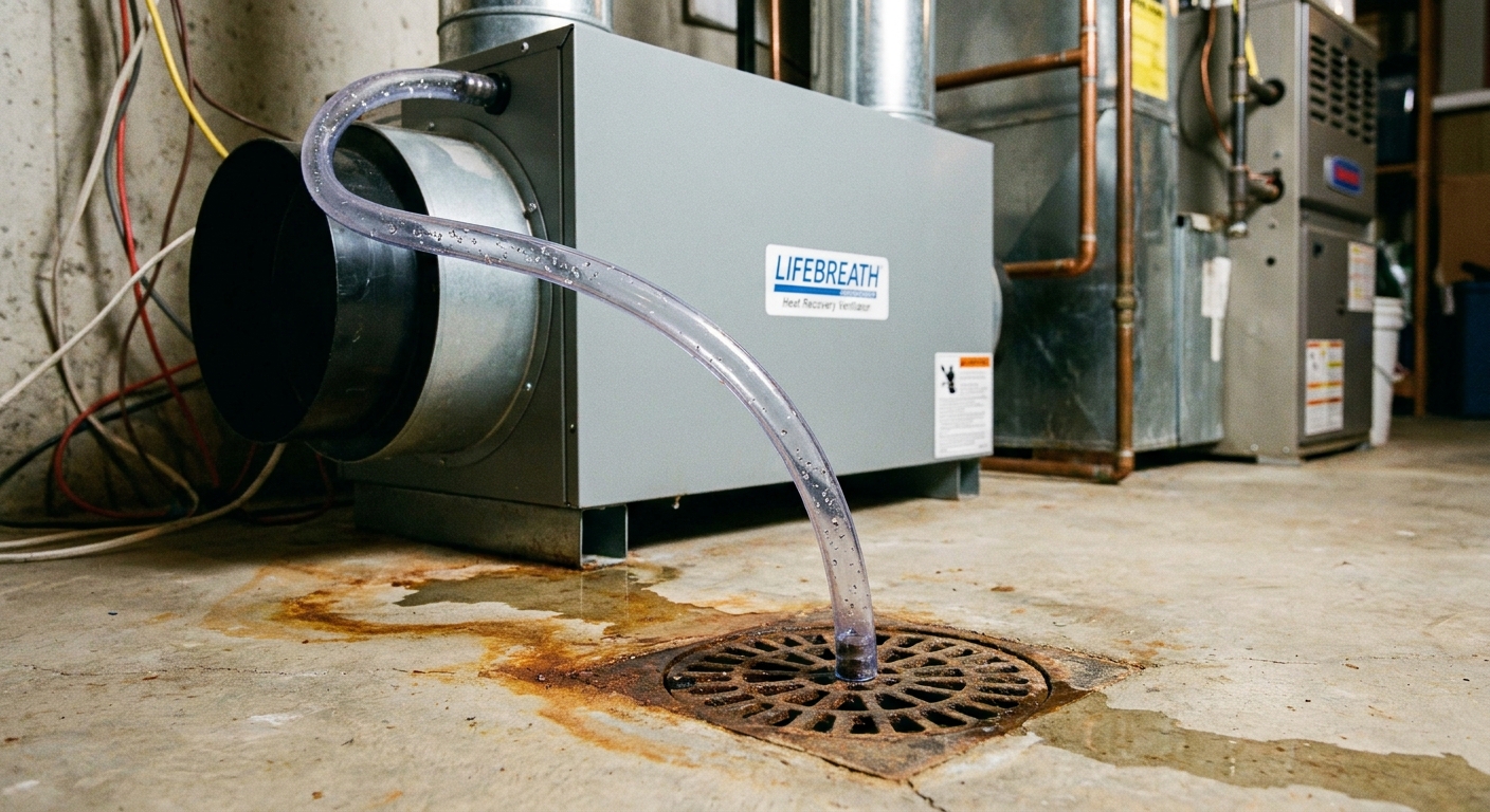 A close-up photo of a condensate drain tube connected to an HRV in a basement mechanical area with a floor drain nearby