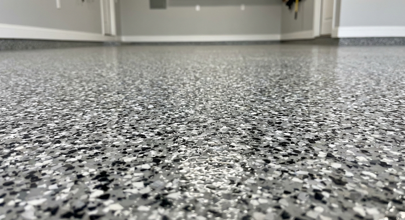 A close-up photo of a cured epoxy garage floor with black, white, and gray color flakes embedded in the surface, subtle gloss, photorealistic texture detail