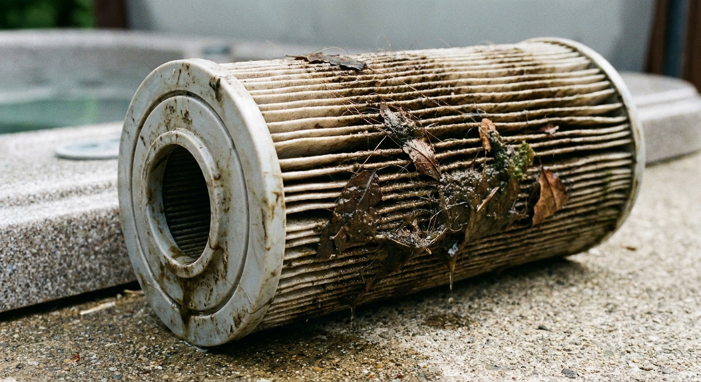 A close-up photo of a dirty hot tub cartridge filter with dark debris trapped in the pleats