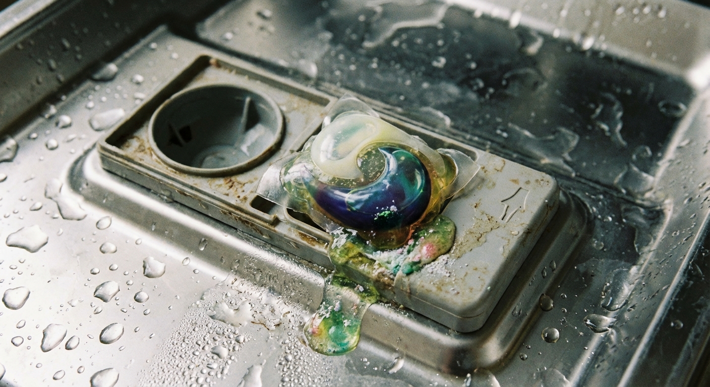 A close-up photo of a dishwasher detergent pod partially dissolved and stuck inside the open detergent dispenser cup, with water droplets on the inner door