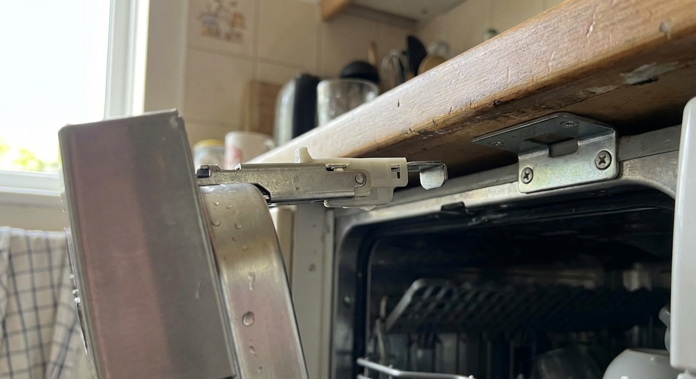 A close-up photo of a dishwasher door partly open, showing the latch mechanism on the top edge of the door and the strike plate under the countertop, shot in a real kitchen with natural light