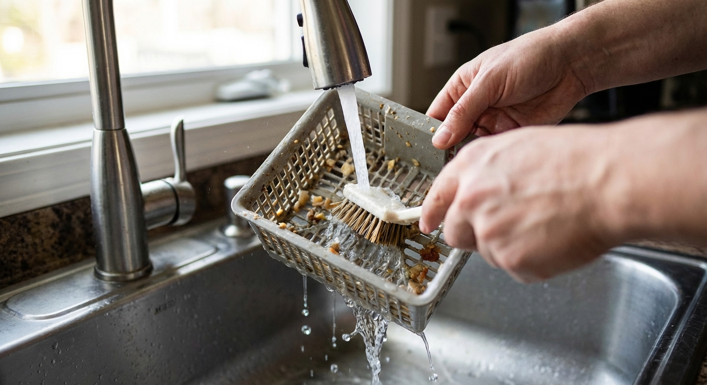 A close-up photo of a dishwasher filter being rinsed under a kitchen faucet while a hand scrubs it with a small brush, stainless steel sink, realistic lighting