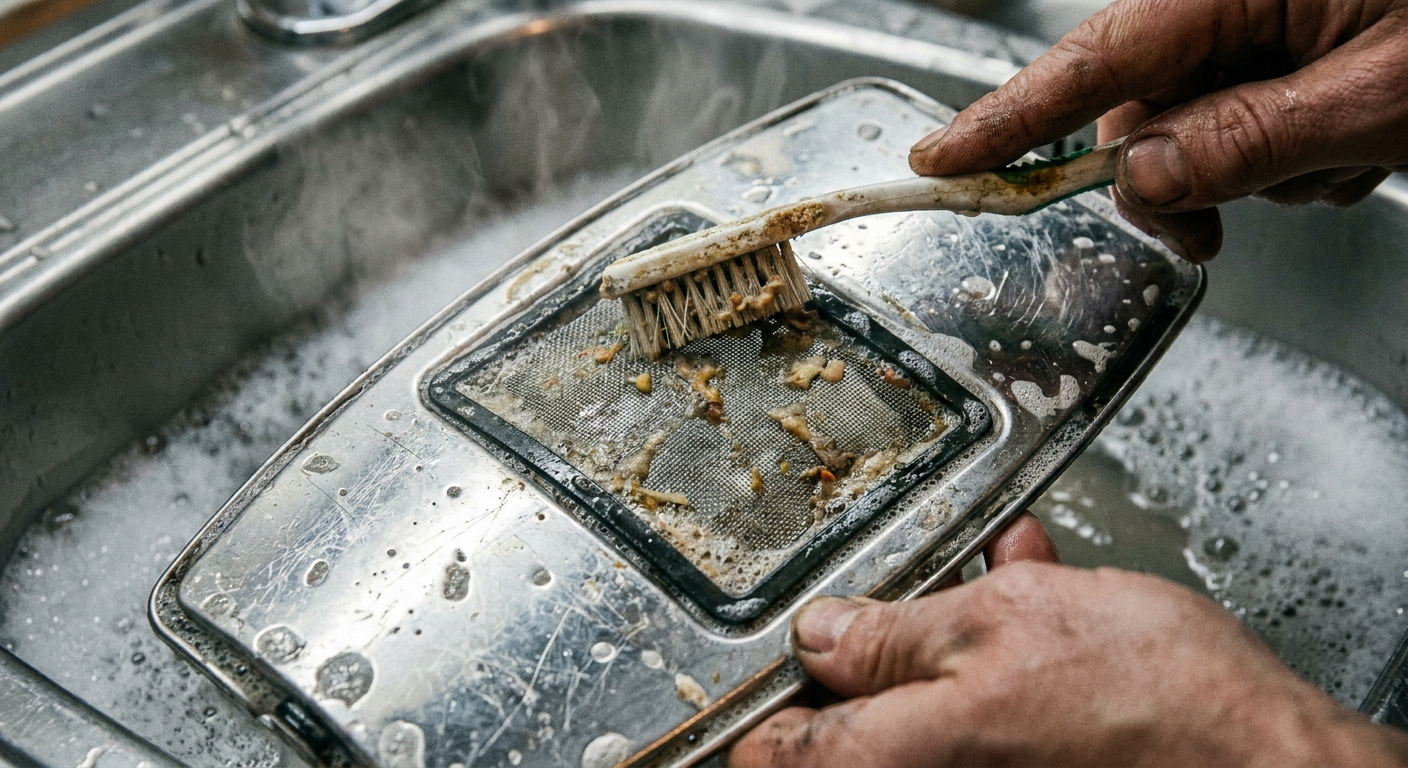A close-up photo of a dishwasher filter being scrubbed with an old toothbrush in a stainless steel sink with hot soapy water