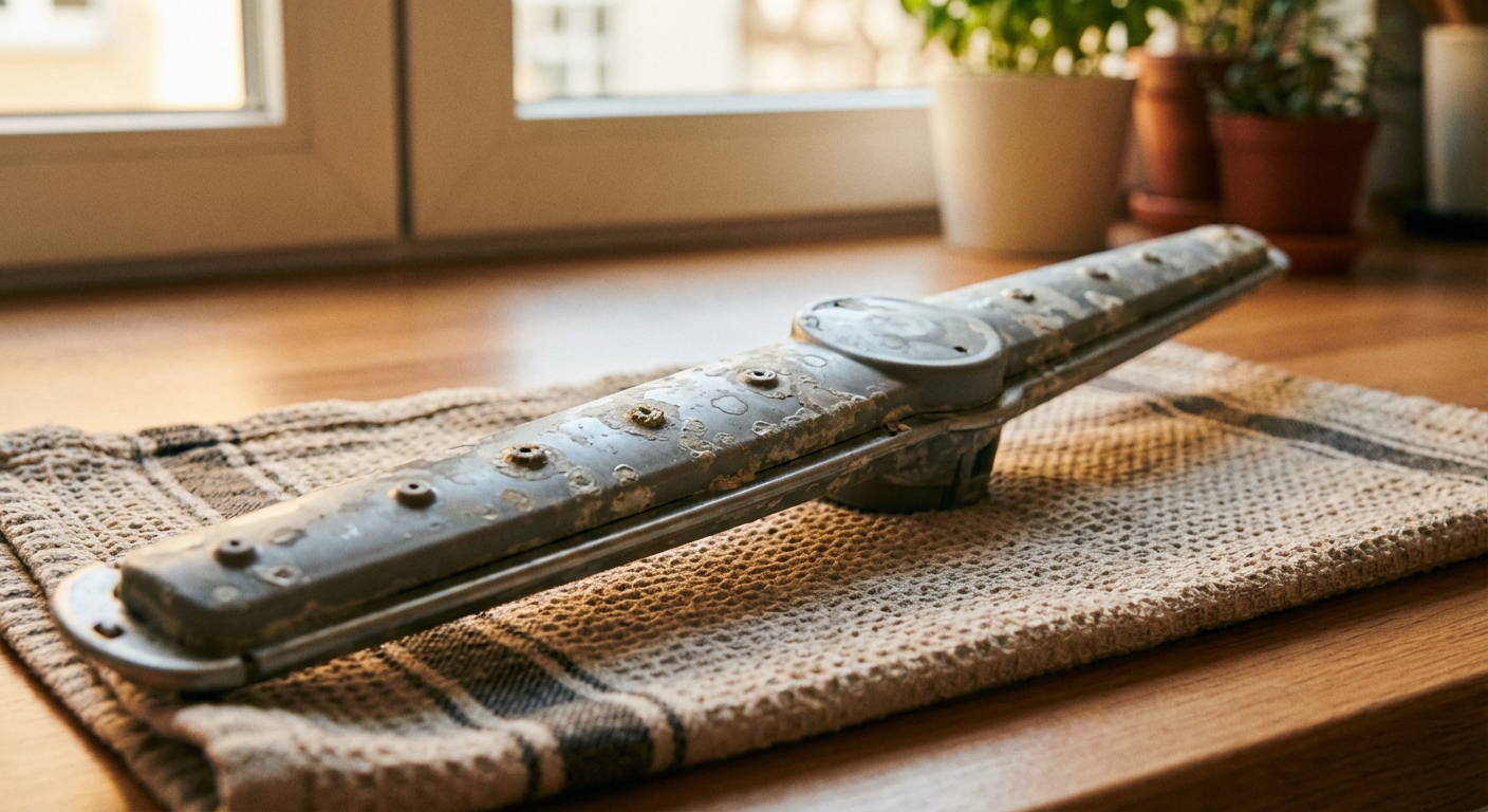 A close-up photo of a dishwasher spray arm resting on a kitchen towel on a countertop, with visible small holes along the arm, warm indoor lighting, photorealistic