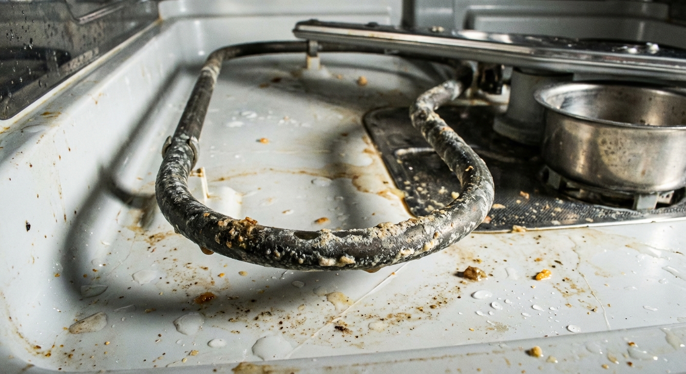 A close-up photo of a dishwasher tub floor showing a curved heating element loop running along the bottom