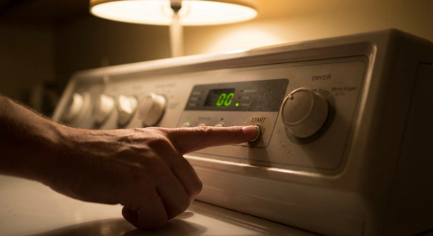A close-up photo of a dryer control panel with a finger pressing the start button, indoor home lighting, photorealistic