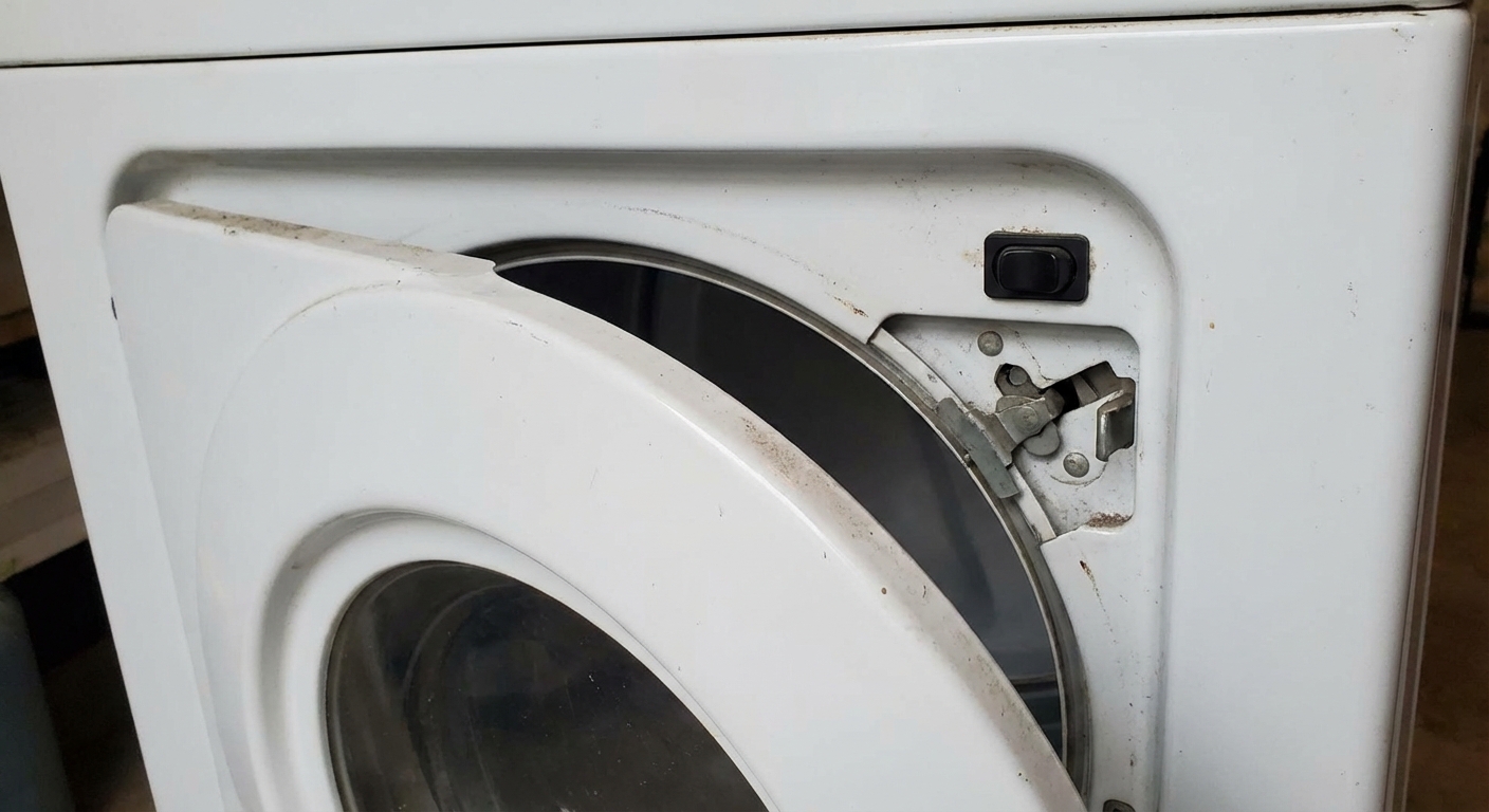 A close-up photo of a dryer door frame showing the door switch area and latch alignment, with the door slightly open, photorealistic