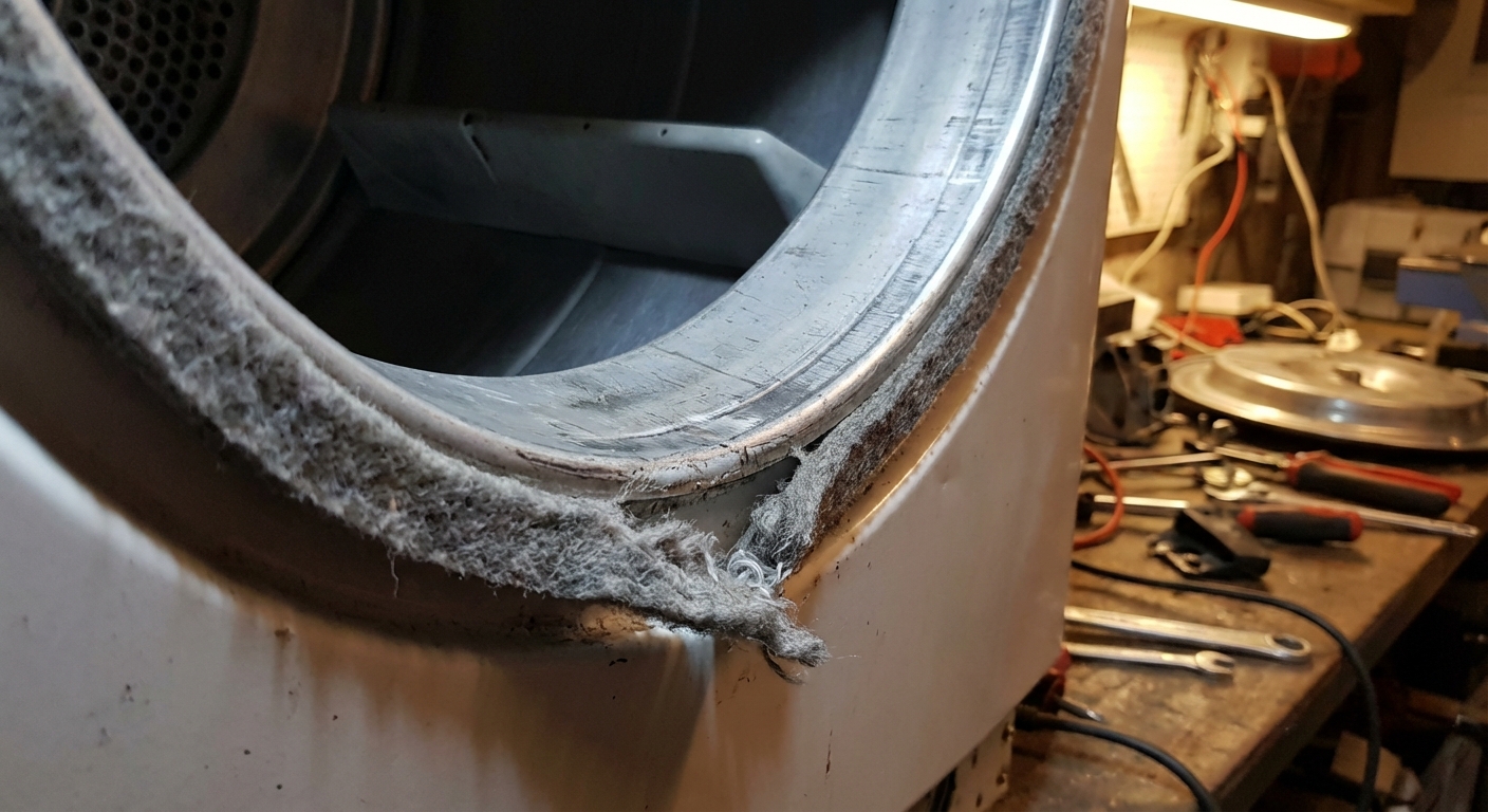 A close-up photo of a dryer door opening showing the edge of the drum and the felt drum seal, with a small section visibly worn and frayed, indoor workshop lighting