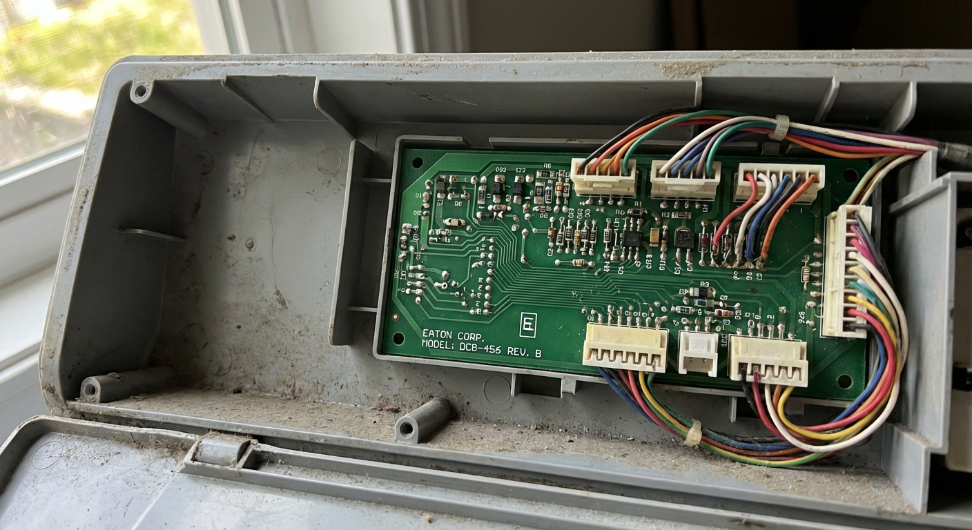 A close-up photo of a dryer electronic control board inside the control console, with wiring connectors visible, photorealistic