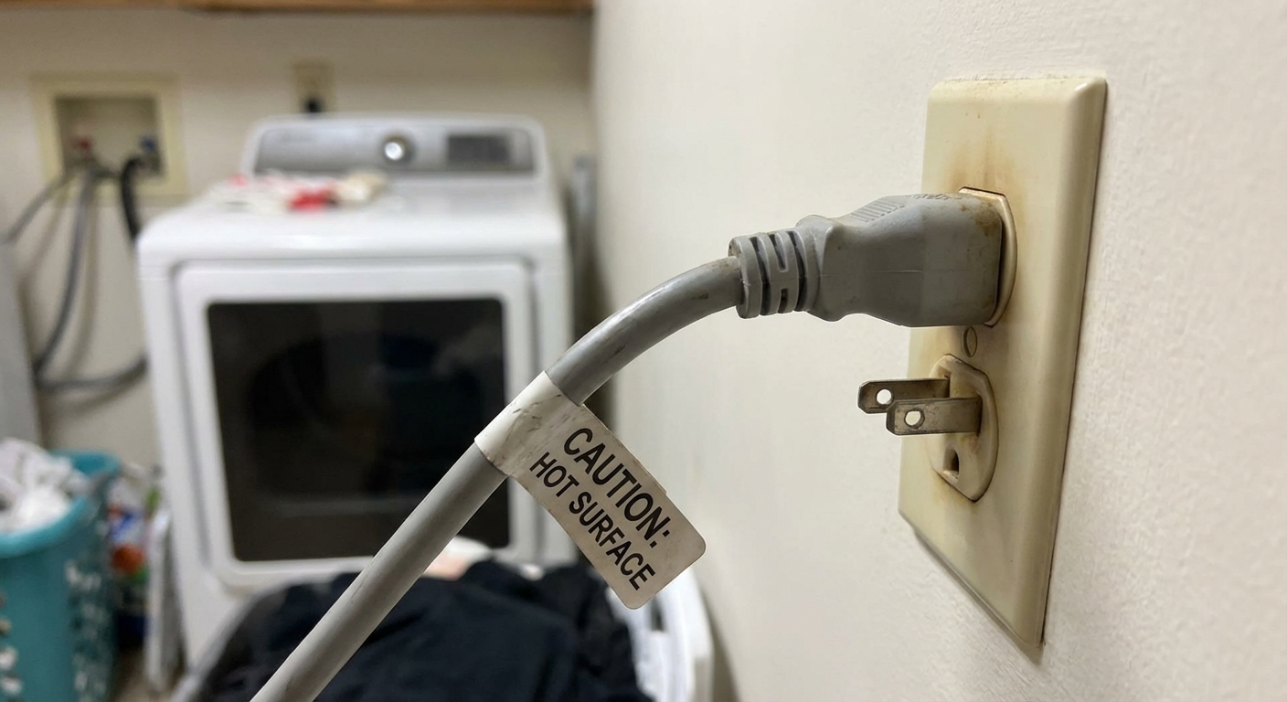 A close-up photo of a dryer power cord plugged into a wall outlet with slight discoloration around the plug area, realistic home safety photo