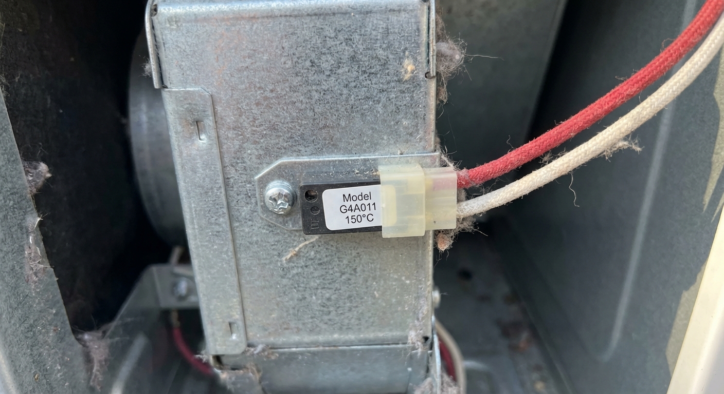 A close-up photo of a dryer thermal fuse mounted on a metal housing inside the dryer, with wiring harness attached, photorealistic