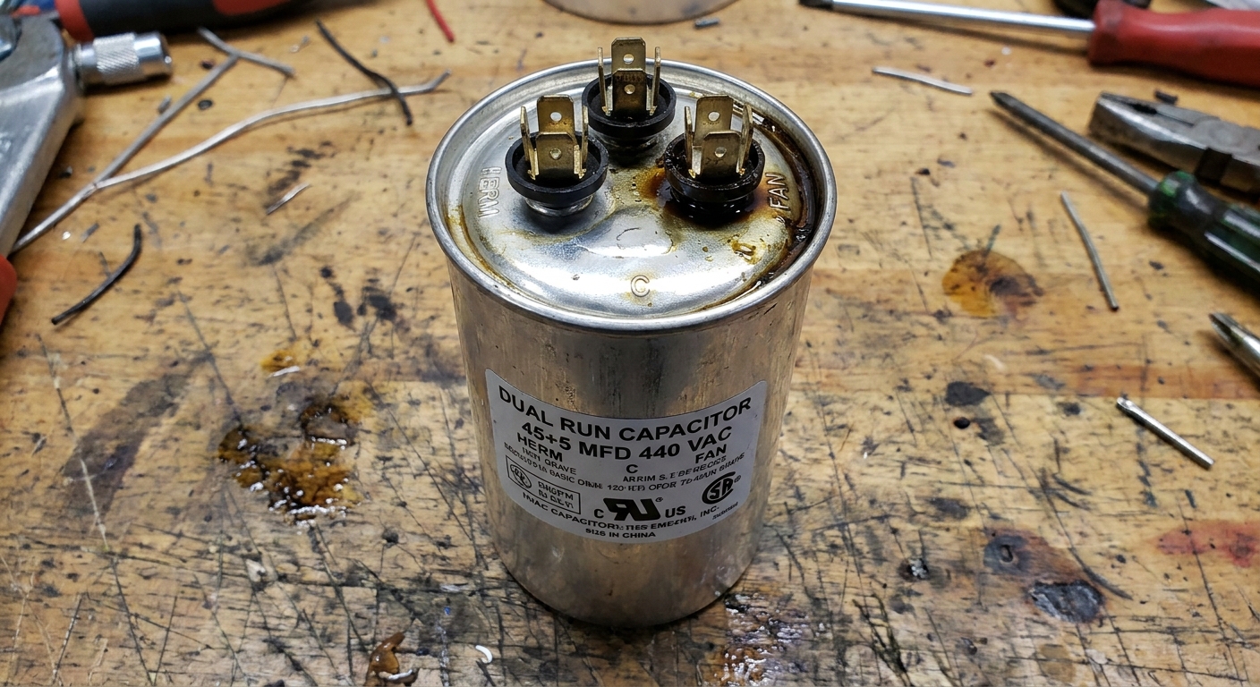 A close-up photo of a dual run HVAC capacitor with a visibly bulging metal top and slight residue near the terminals, resting on a workbench