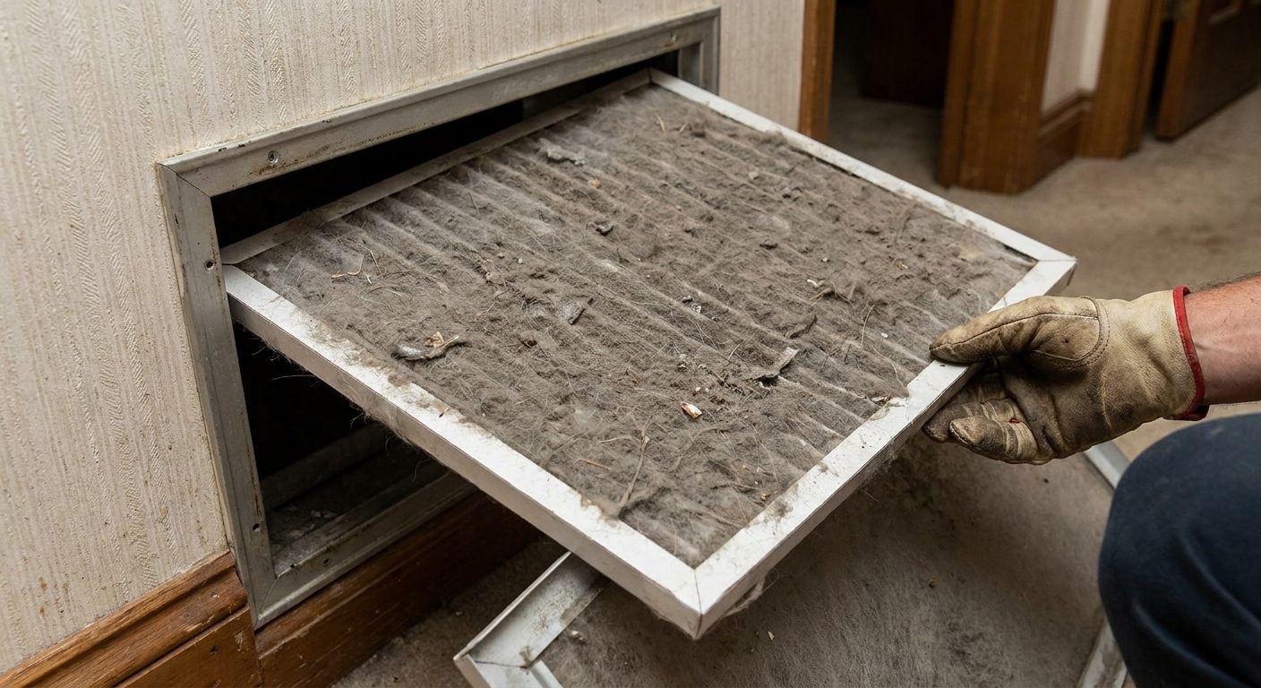 A close-up photo of a dusty, clogged HVAC return air filter partially pulled from a wall grille in a hallway