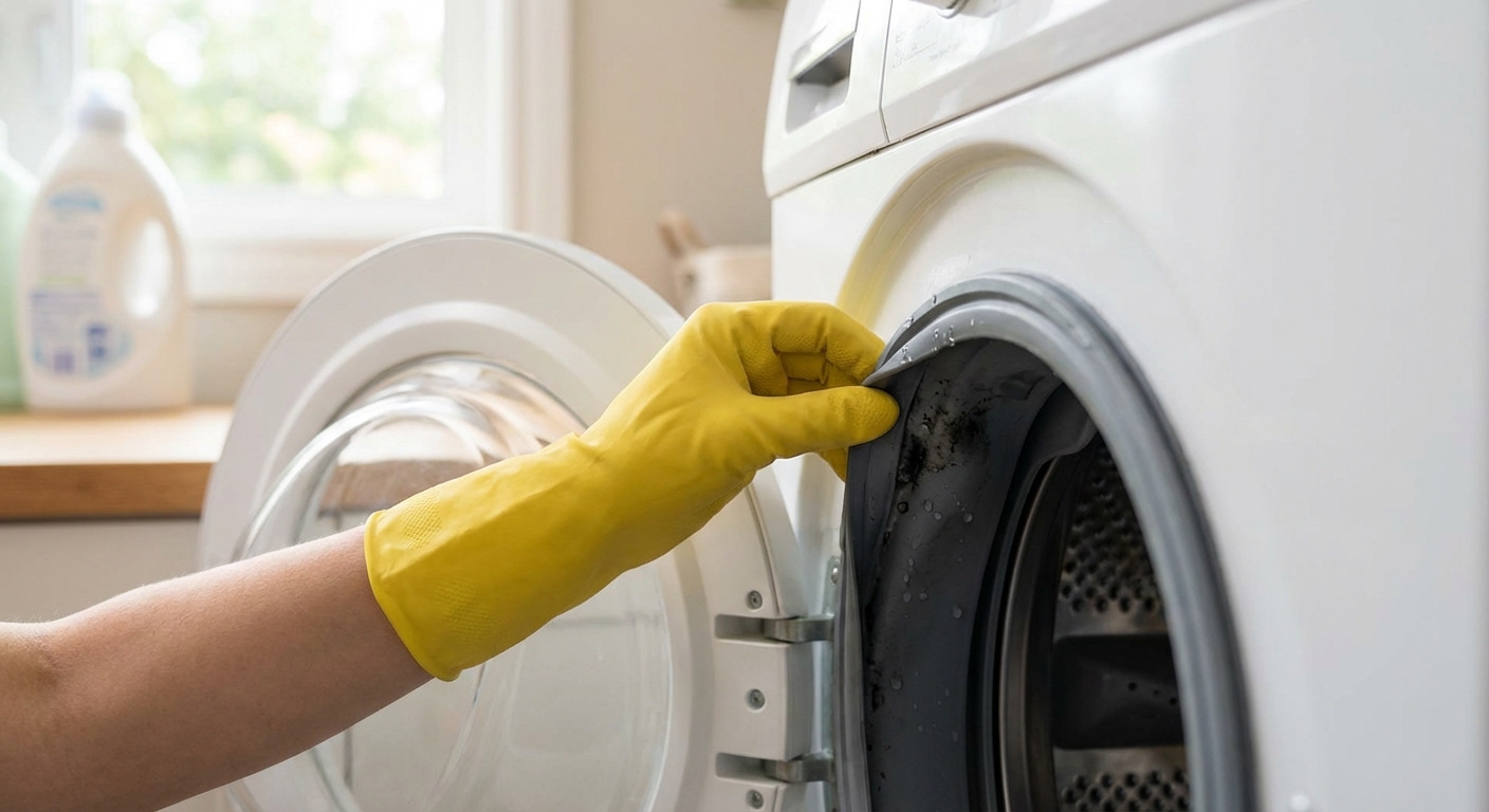 A close-up photo of a front-load washing machine door open in a laundry room, with a gloved hand gently pulling back the rubber door gasket to reveal moisture and buildup along the fold, natural indoor lighting