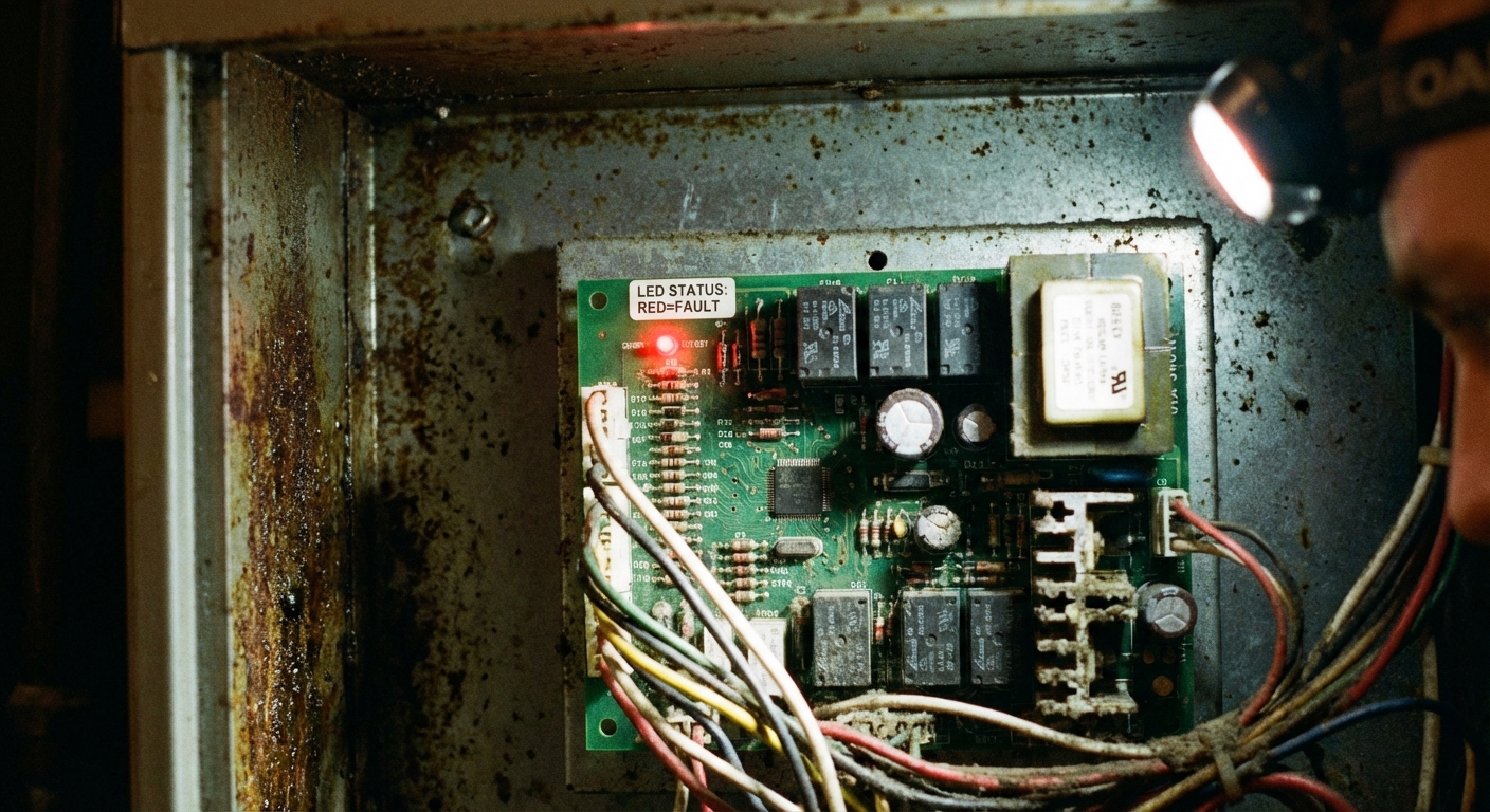 A close-up photo of a furnace control board inside the cabinet with a small LED indicator light