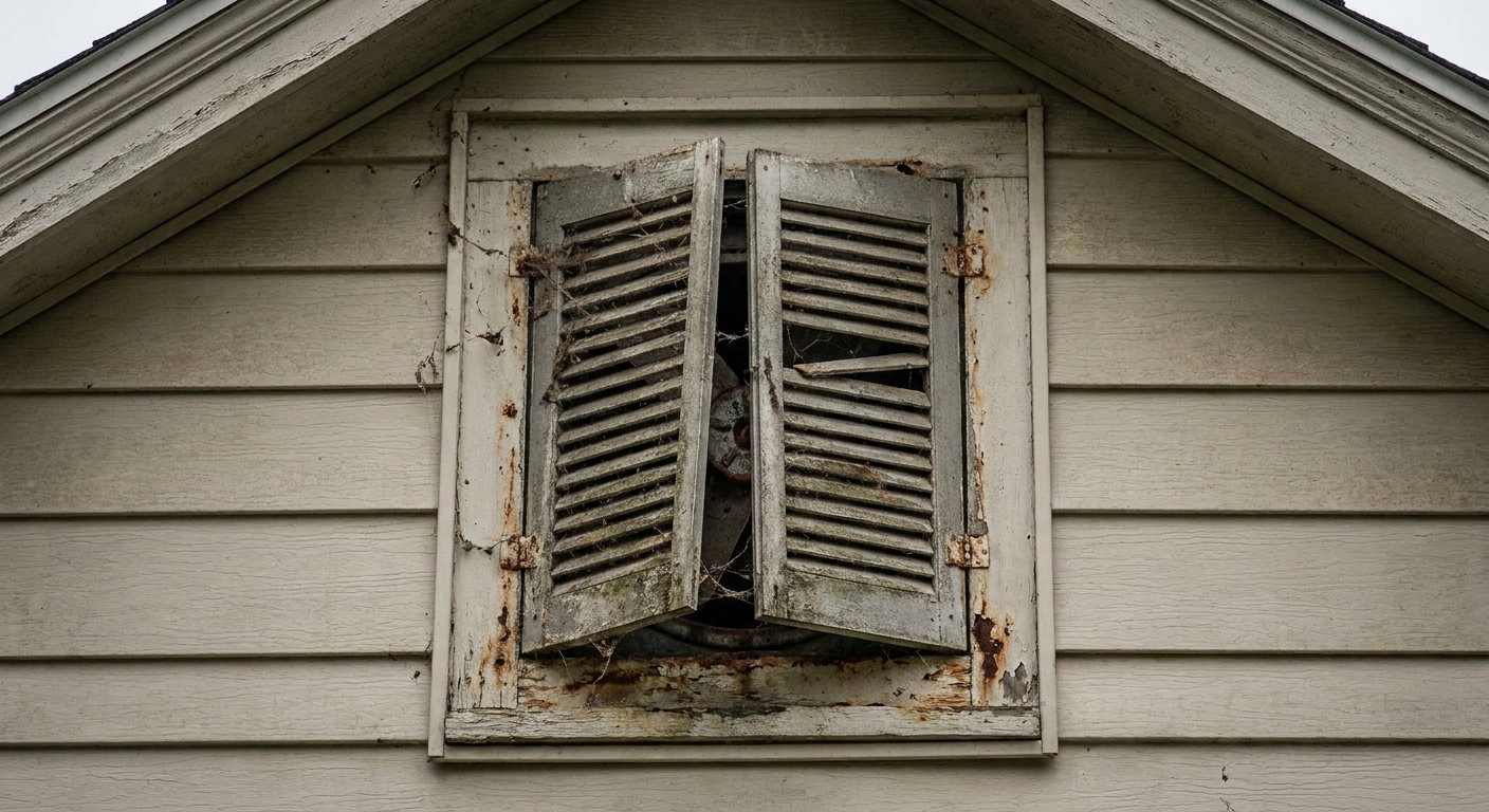A close-up photo of a gable-mounted attic fan with dusty shutters that are not opening freely, real photo