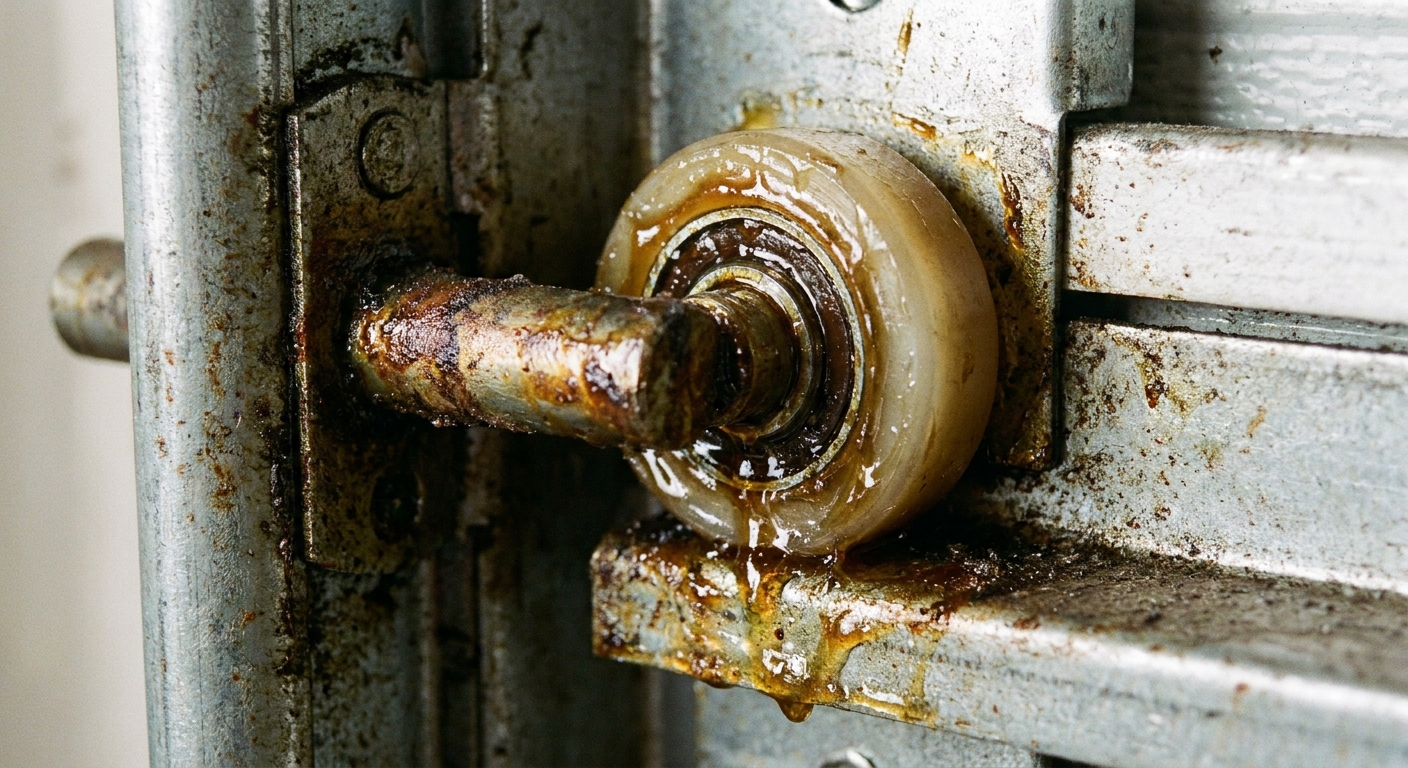 A close-up photo of a garage door hinge and roller where lubricant has been applied to the roller bearing area