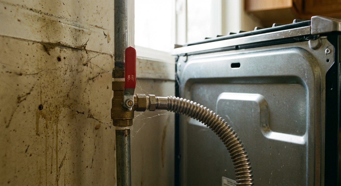 A close up photo of a gas shutoff valve and flexible gas line connection behind a kitchen range, with the valve handle clearly visible