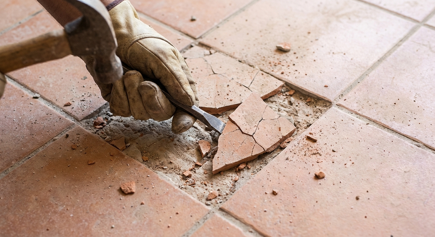 A close-up photo of a gloved hand using a small cold chisel to lift broken pieces from the center of a cracked floor tile, surrounding tiles intact, realistic renovation photography