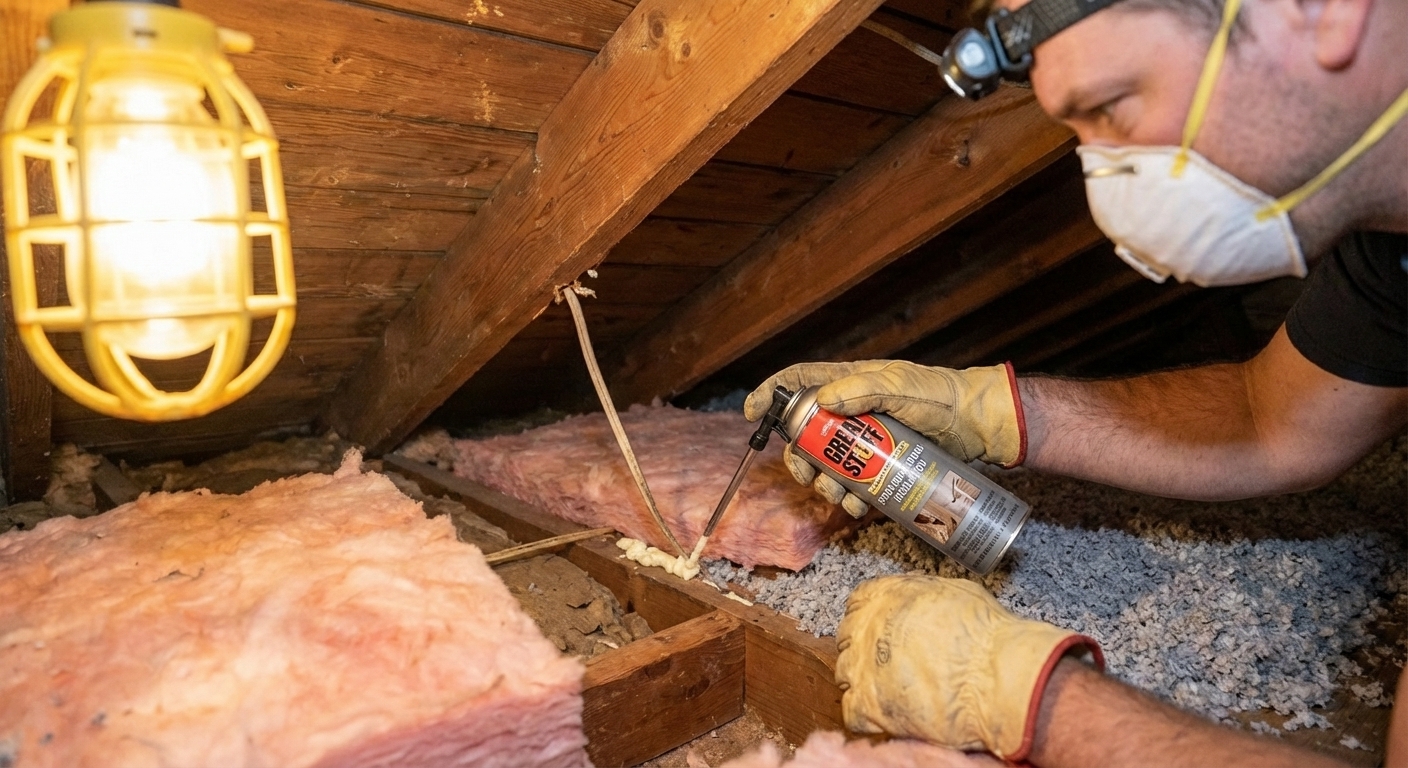 A close-up photo of a gloved hand using a spray foam can to seal a small gap around an electrical wire penetration through an attic ceiling, with wood framing and insulation visible, photorealistic