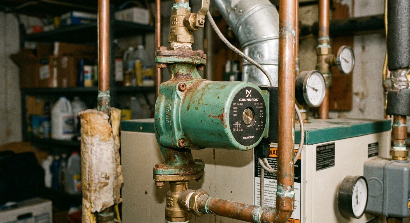 A close-up photo of a green hydronic circulator pump mounted on a copper pipe near a residential boiler