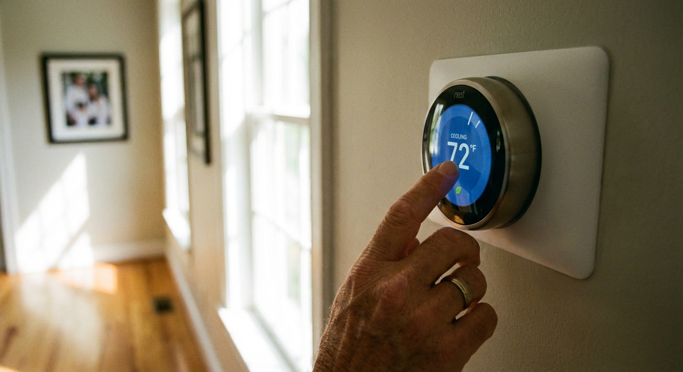 A close-up photo of a hand adjusting a digital thermostat on a wall inside a home, with a softly blurred hallway in the background, natural indoor light