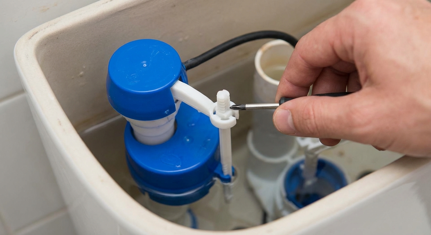 A close-up photo of a hand adjusting the screw on a modern toilet fill valve float mechanism inside a toilet tank
