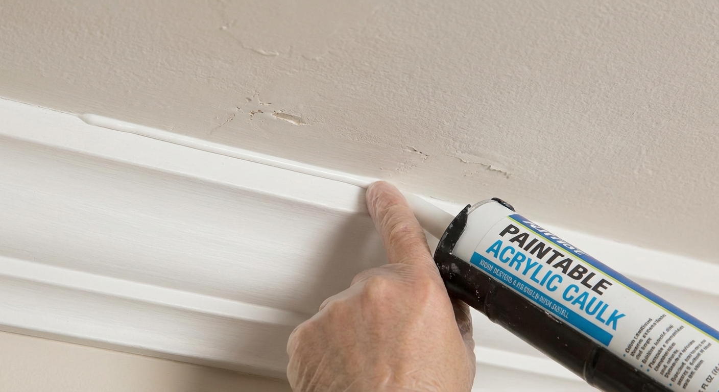 A close-up photo of a hand applying a thin bead of white paintable caulk along the top edge of installed crown molding where it meets a slightly uneven ceiling, soft indoor lighting, photorealistic
