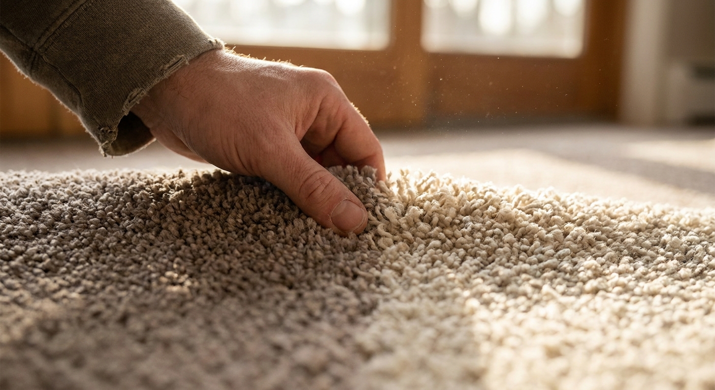 A close-up photo of a hand brushing carpet fibers in two directions to show the nap and subtle color shift in indoor lighting