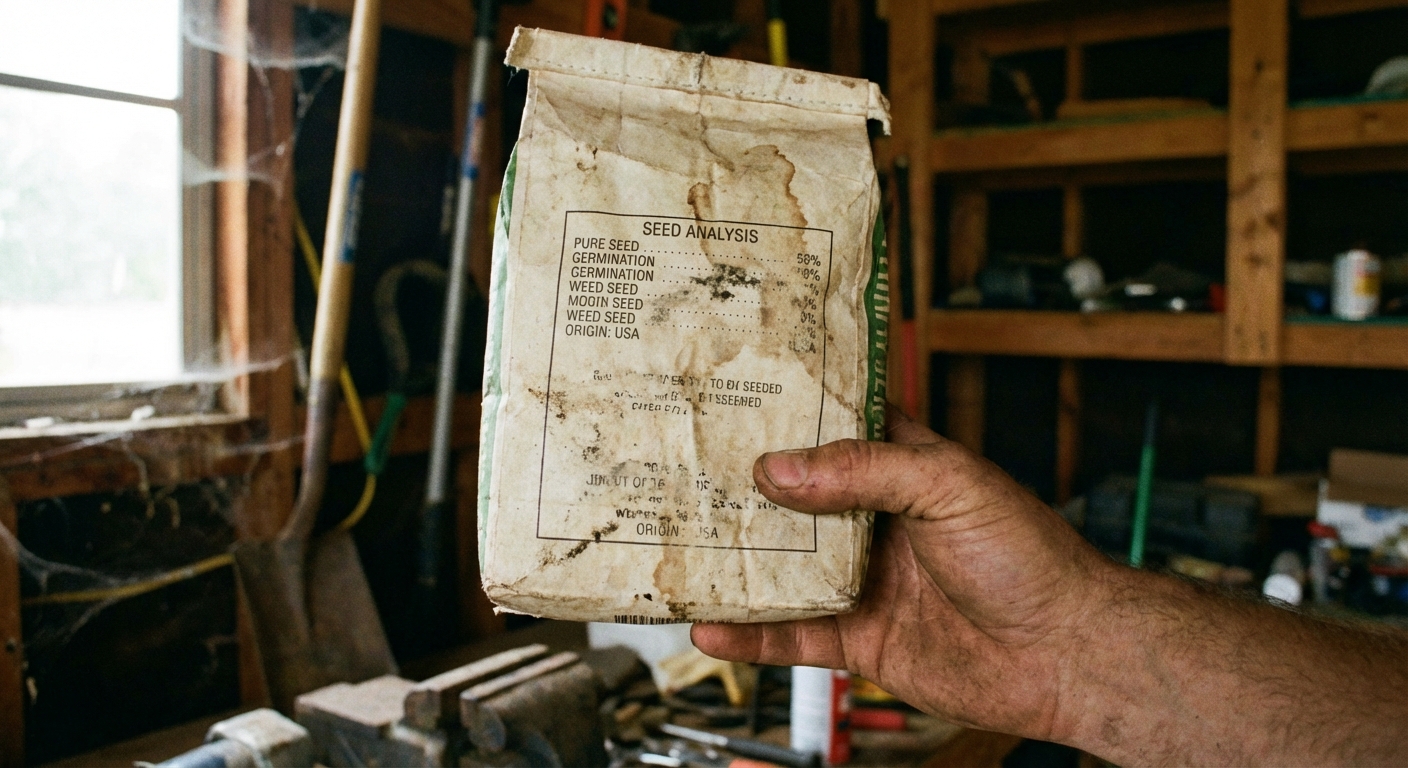 A close-up photo of a hand holding a grass seed bag turned to the back panel, with the seed analysis label visible but not perfectly readable, in a garage or shed setting, photorealistic