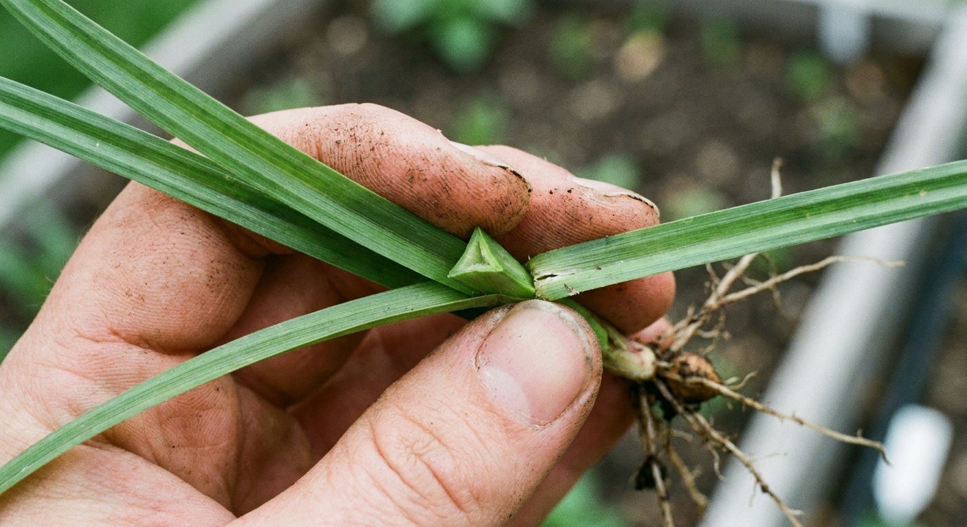 A close-up photo of a hand holding a pulled nutsedge plant showing the triangular stem and flat leaves