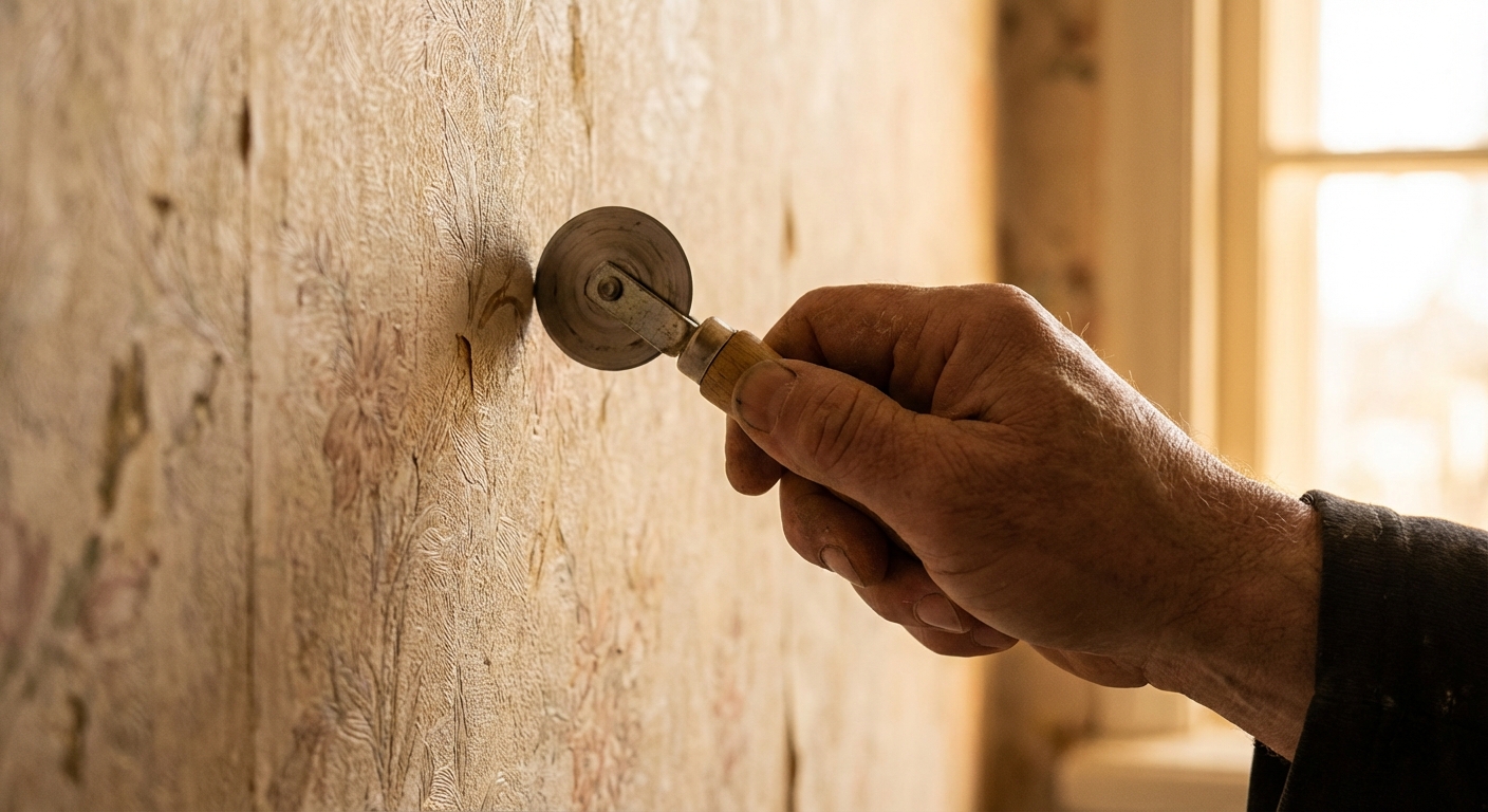 A close-up photo of a hand holding a wallpaper scoring tool against an interior wall covered in older wallpaper, with the tool about to roll across the surface, realistic indoor lighting