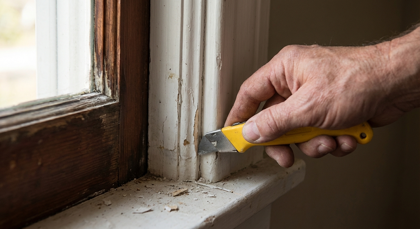 A close-up photo of a hand scoring the painted seam between a wood window sash and the interior stop using a utility knife, indoor natural light, realistic DIY repair moment