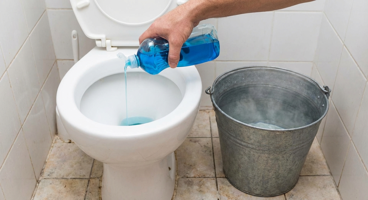 A close-up photo of a hand squeezing dish soap into a white toilet bowl with a metal bucket of hot tap water sitting on the bathroom floor beside it, natural bathroom lighting, photorealistic
