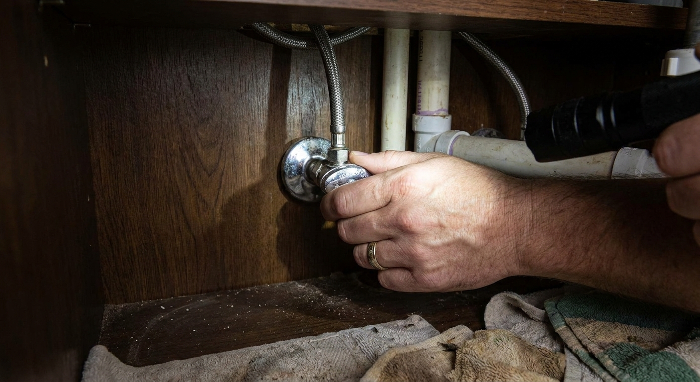 A close-up photo of a hand turning a chrome kitchen sink shutoff valve under the cabinet, with supply lines visible