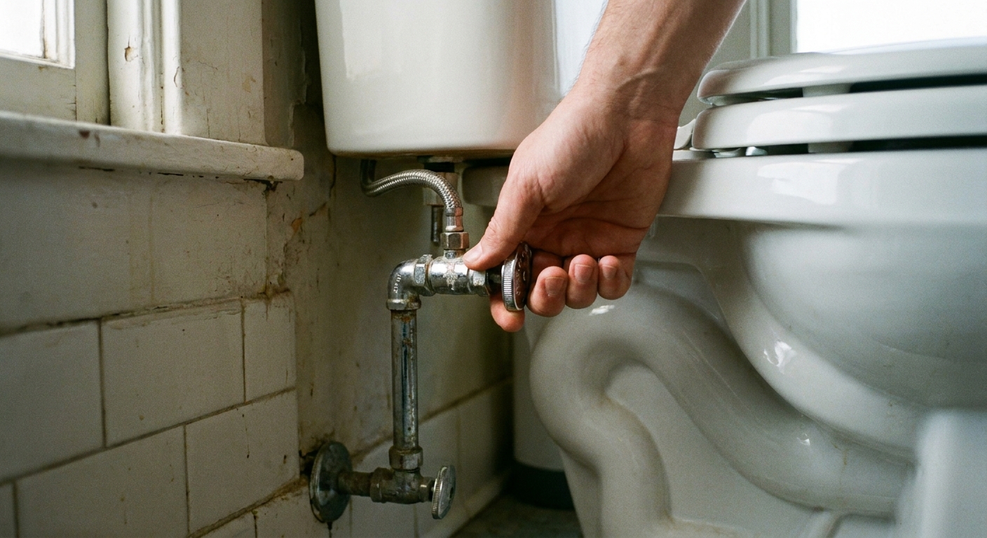A close-up photo of a hand turning a chrome toilet shutoff valve clockwise behind the toilet in a small bathroom