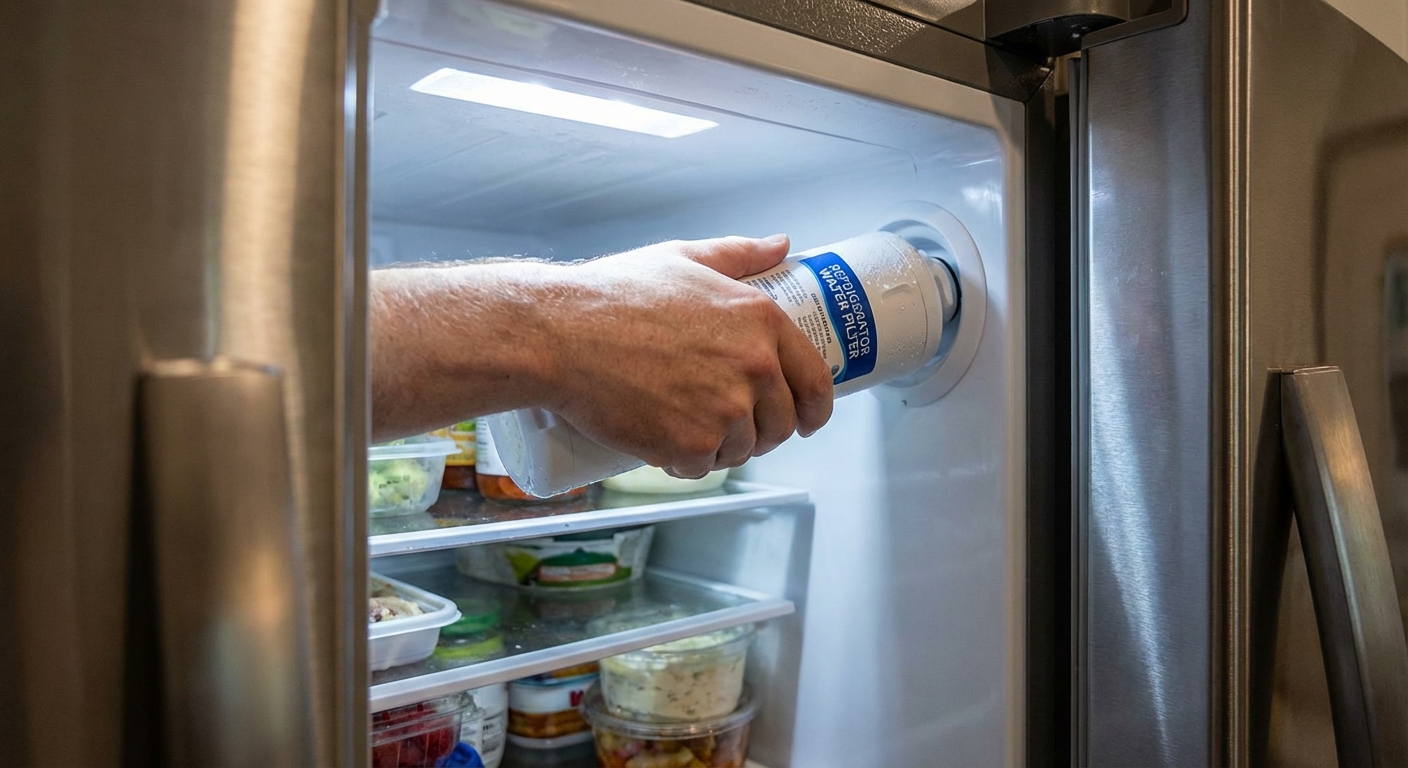 A close-up photo of a hand twisting a refrigerator water filter cartridge inside the fresh food compartment, bright kitchen lighting