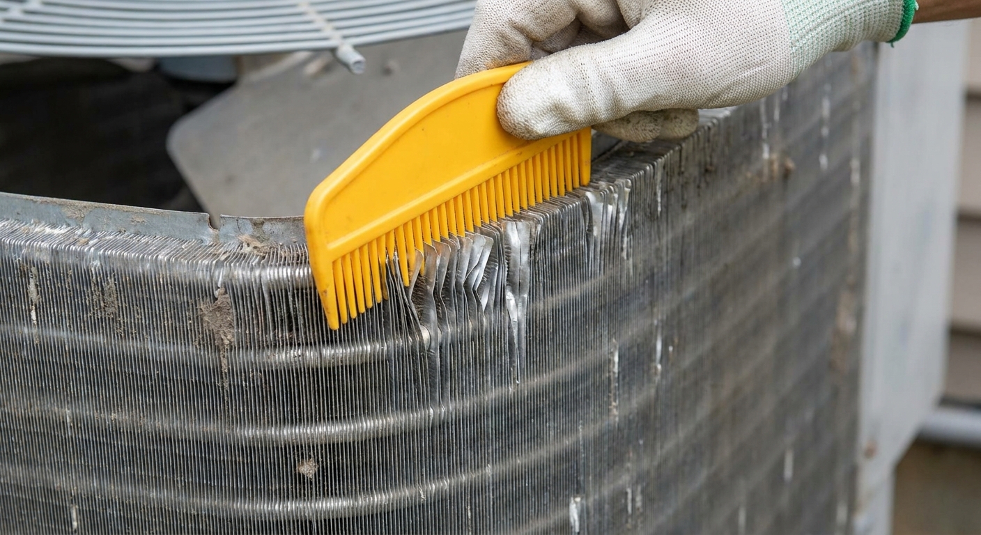 A close-up photo of a hand using a fin comb to straighten slightly bent aluminum fins on an outdoor AC condenser coil