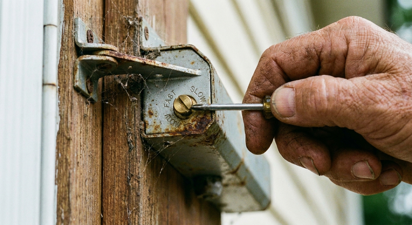 A close-up photo of a hand using a screwdriver to turn the speed adjustment screw on a storm door closer