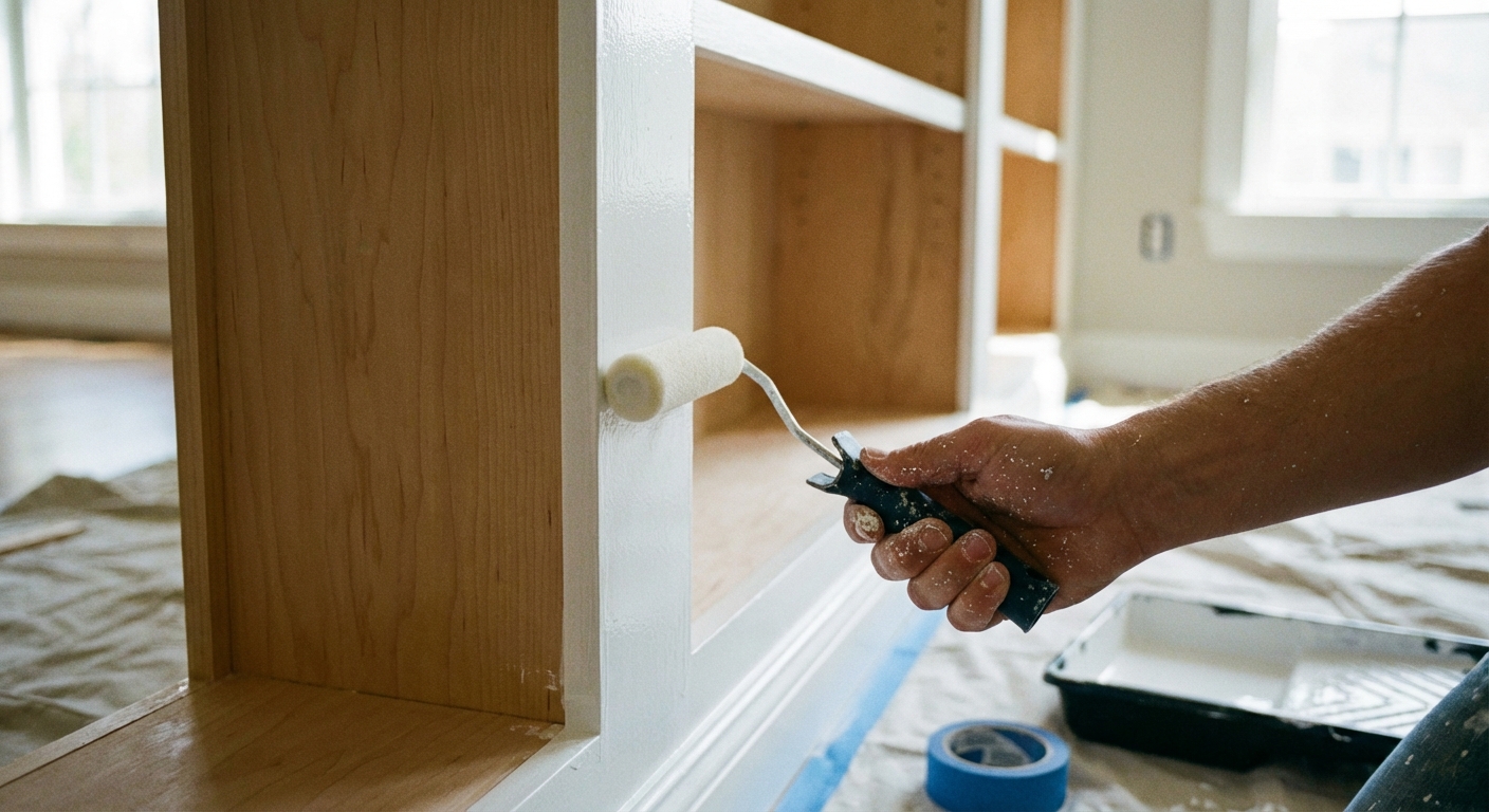A close-up photo of a hand using a small foam roller to apply smooth white trim paint to a built-in bookshelf face frame