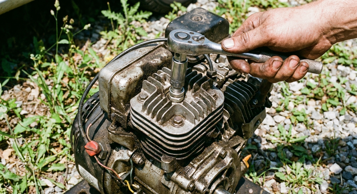 A close-up photo of a hand using a spark plug socket to remove a spark plug from a small generator engine outdoors