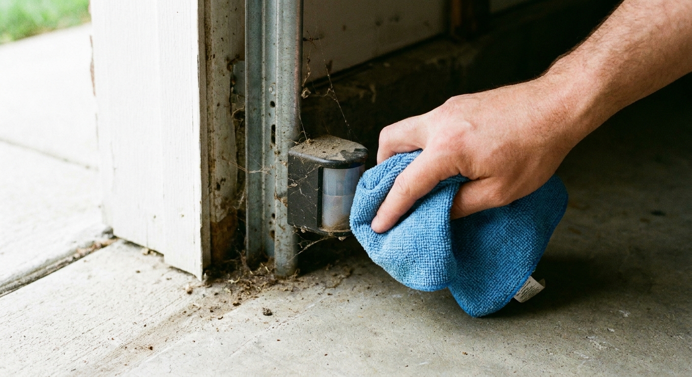 A close-up photo of a hand wiping a garage door safety sensor lens with a microfiber cloth near the bottom of the door opening