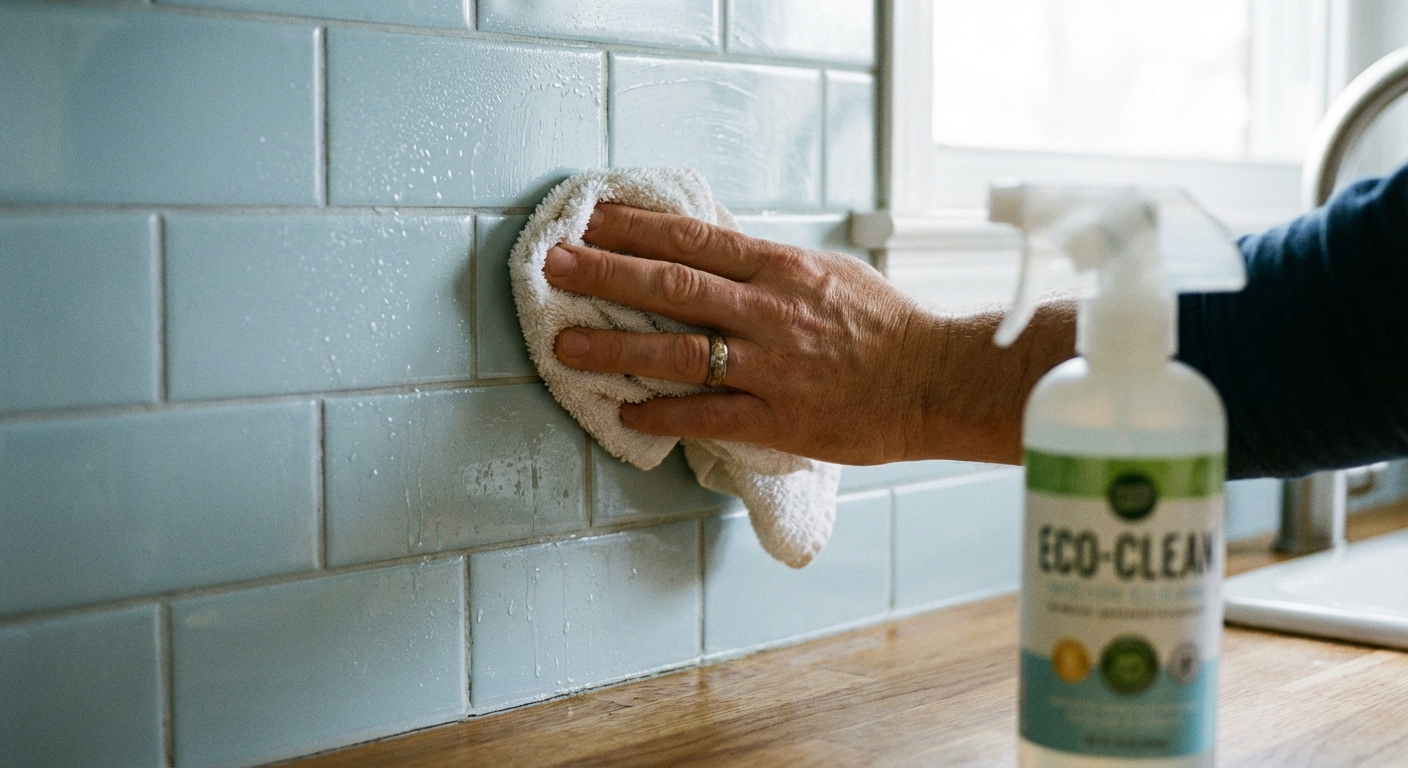 A close-up photo of a hand wiping a painted kitchen backsplash wall with a white rag and spray cleaner near a countertop, realistic indoor lighting