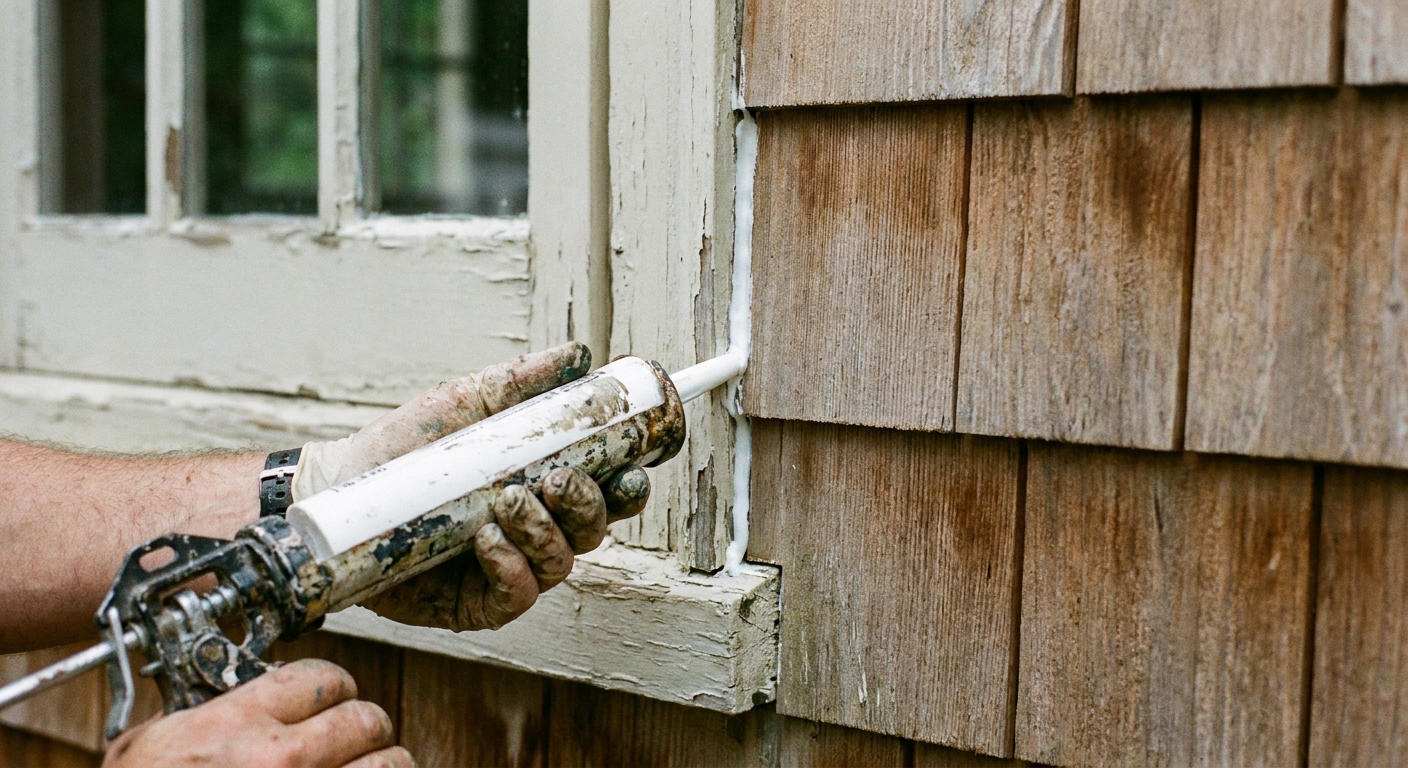 A close-up photo of a homeowner applying exterior caulk along a small gap where window trim meets siding