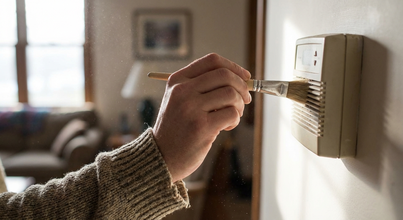 A close-up photo of a homeowner gently cleaning the vents of a wall-mounted thermostat with a small soft paintbrush, indoor natural light, shallow depth of field