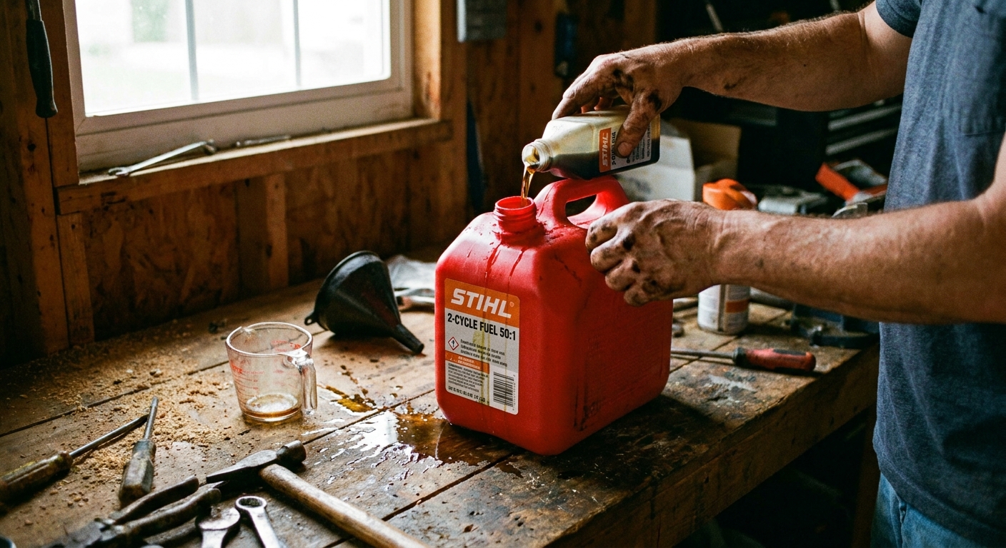 A close-up photo of a homeowner mixing fresh two-cycle fuel in a small gas can on a garage workbench