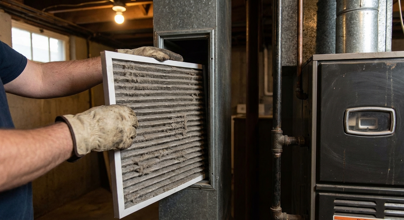 A close-up photo of a homeowner sliding a dusty pleated furnace filter out of a return air slot next to a gas furnace in a basement, realistic indoor lighting