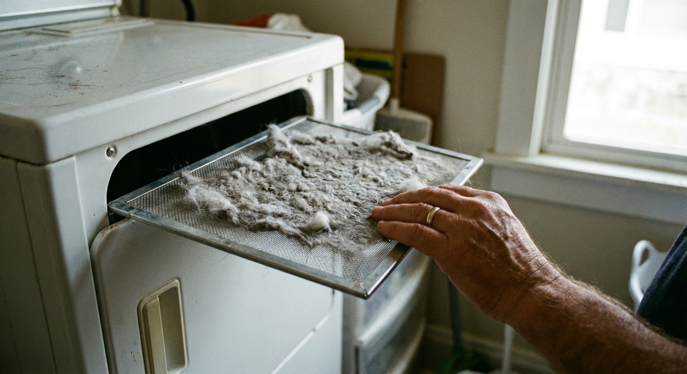 A close-up photo of a homeowner sliding a lint screen out of a dryer door, with visible lint buildup on the mesh, natural indoor laundry room lighting