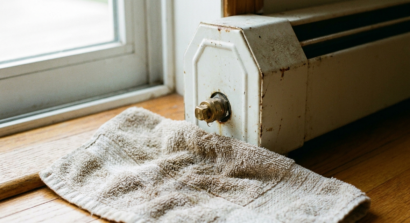 A close-up photo of a hydronic baseboard heater end cap with a small manual bleed valve and a towel on the floor