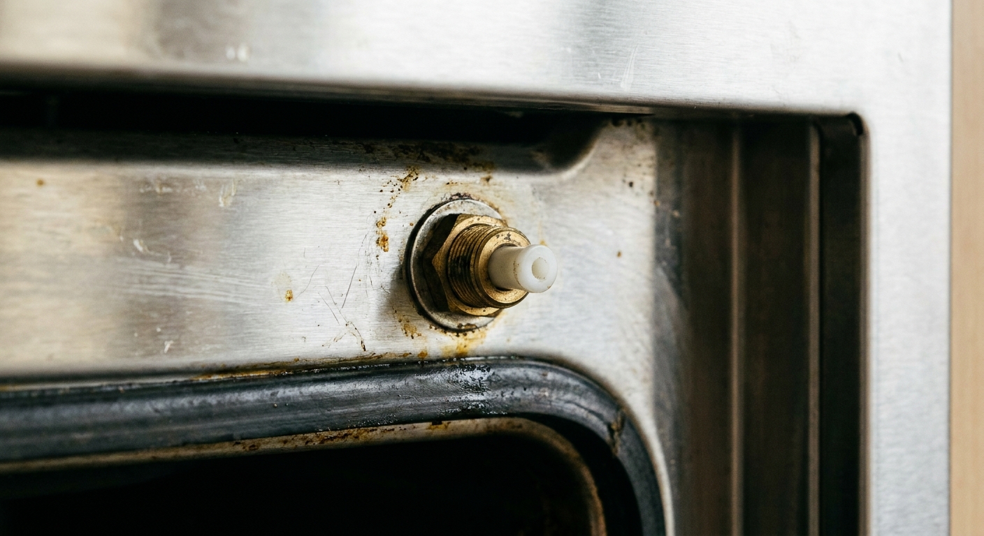 A close-up photo of a kitchen oven door frame showing a small plunger-style door switch near the opening